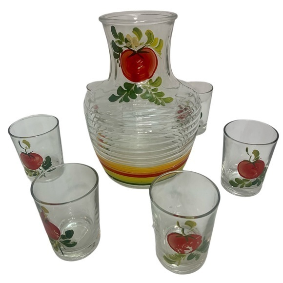 Vintage MCM Glass Juice Carafe Glass Set